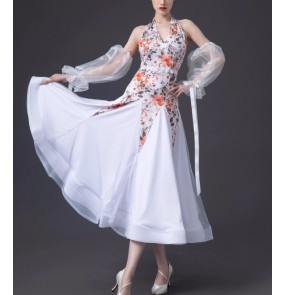 White flowers ballroom dance dresses for women girls rhythm waltz tango foxtrot smooth dance long gown for female